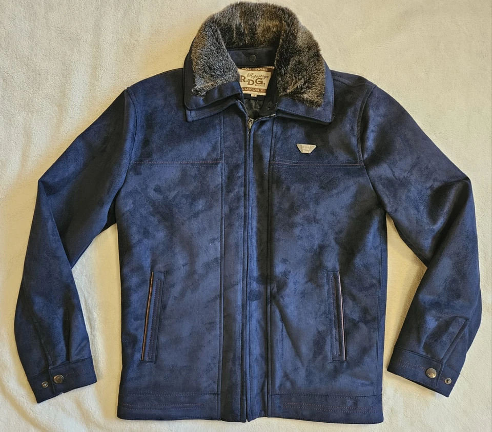 Мужская синяя кожаная RDG Италия репортаж роскошная куртка с меховой отделкой размер маленький - Изображение 1 из 4