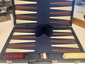 Vintage Cardinal Travel Leatherette Backgammon Case 18”x11” Blue Maroon Creme - Picture 1 of 11