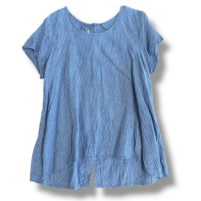 FLAX 亚麻纽扣上衣小号蓝色白色细条纹高低分体下摆 — 第 1/4 张图片