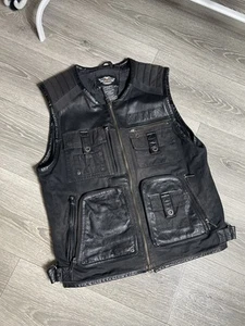 Harley-Davidson Men's L Buffalo Leather & Textile Multi-Pocketed Vest Black - Picture 1 of 12