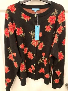 DRAPER JAMES RSVP Women Black & Floral Knit Cardigan Gold Buttons Plus Sz 2X NEW - Picture 1 of 6
