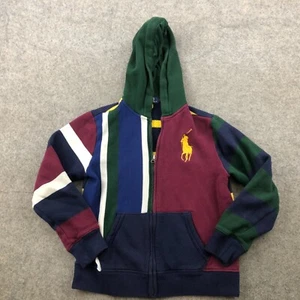 Polo Ralph Lauren Hoodie Boys Medium Maroon Blue Green Striped Zip Pullover - Picture 1 of 11
