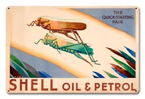 SHELL QUICK STARTING PAIR GRASSHOPPERS 18" HEAVY DUTY USA MADE METAL ADV SIGN - Picture 1 of 1