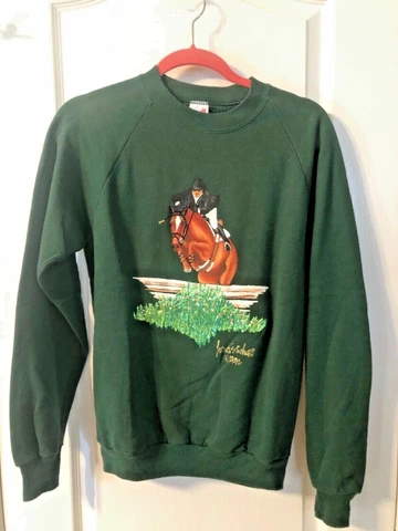 1992 JUMPING HORSE JOAN STUDWELL HAND PAINTED GLITTER HORSE GREEN SWEATSHIRT M Cover