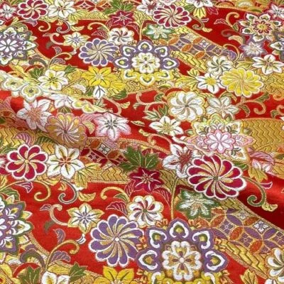Kyoto Nishijin Gold Brocade Kimono Obi Fabric 28x20in floral arabesque Red - Image 1 of 4