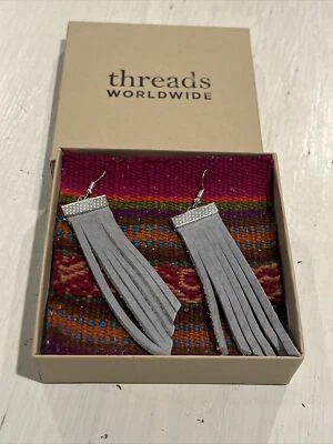 Threads Worldwide Earrings Bolivia Leather Gray Silver Dangle Fringed Southwest - Image 1 of 4