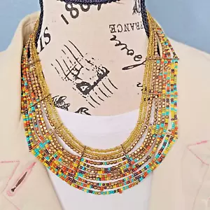 Layered Yellow, Gold & Multi-Color Sead Bead Statement Necklace, 18", Adjustable - Picture 1 of 9