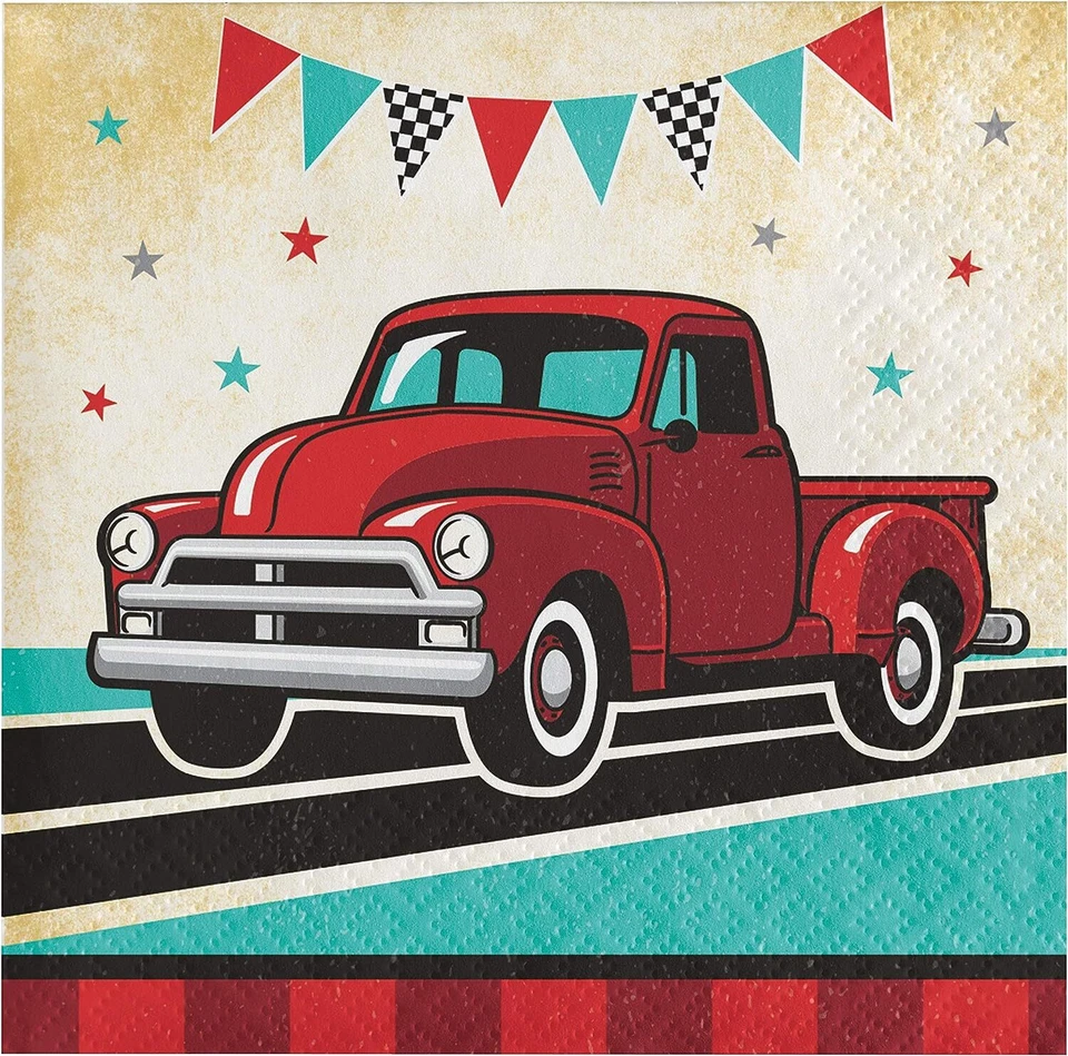 Vintage Red Truck Adult Kids Birthday Party Paper Beverage Napkins - Image 1 of 1