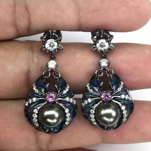 925 Sterling Silver AAA Wonderful Masterpiece Of Enamel Spider Earrings - Picture 1 of 10