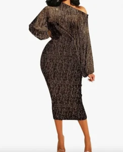 Gold Sparkly Long Sleeve Slim Fit Off Elegant Party Midi Bodycon Shoulder Dress - Picture 1 of 5