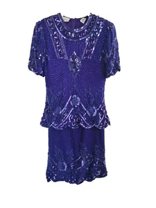 VTG 80's LAURENCE KAZAR 100% SILK PURPLE BEAD SEQUIN 2PC DRESS SET ELEGANT, PP - Picture 1 of 24