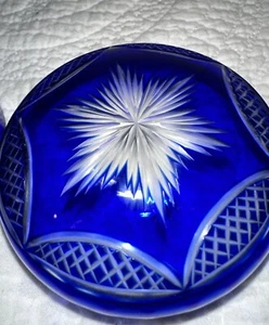Cobalt Blue Cut To Clear Crystsl Bohemian Candy, Trinket Dish Vintage 3.5”x1.25” - Picture 1 of 15