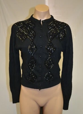 Danella Full Fashioned Vintage 1950s Black Sequin Orlon Cashmere Sweater sz S Foto 1 de 2