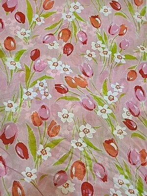 Perno de tela semi transparente tulipanes rosas años 70 de colección nuevo stock antiguo Foto 1 de 4