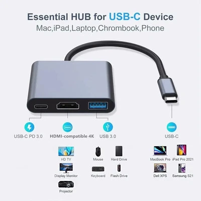 TYPE-C 3 In 1  Hub Male To Female Hdmi-Compatible 4k For Macbook Air Converter - Image 1 of 4