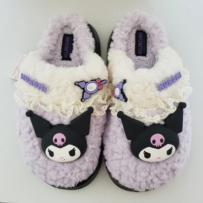 Sanrio Kuromi Purple Fuzzy Slippers Women Size 6-6.5 Coquette Lace Charms Sherpa - Image 1 of 4