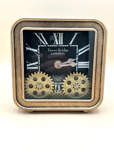 6-Inch Vintage Gold Metal Desk Clock | Square Table Clock with Moving Gears - Picture 1 of 6
