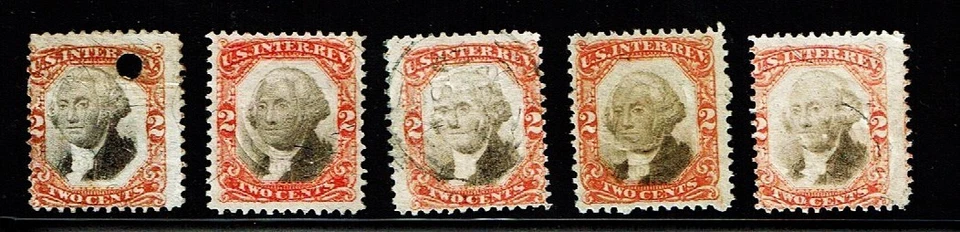 1871-2 U.S.THIRD Issue 2c Org &Blk Washington LOT OF 5 Cut/Punch Cancel Sc#R135 - Image 1 of 1