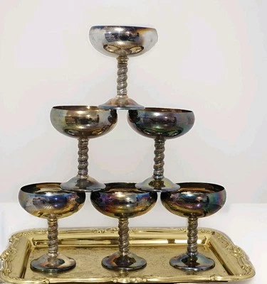 Juego de 6 copas de champán antiguas Falstaff plateadas hechas en España Foto 1 de 4