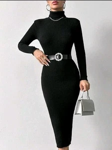 Schickes Rollkragen Strickkleid ohne Gürtel Schwarz Gr. S Neu - Bild 1 von 6