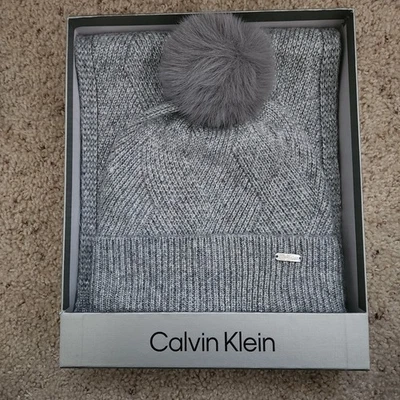 Calvin Klein Silver Beanie Hat and Scarf set New In Box - Image 1 of 3