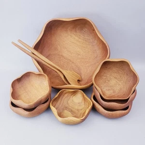 70er Vintage 9-teiliges Teakholz Servierschale & Salatschüssel Set Made in Thailand - Bild 1 von 16