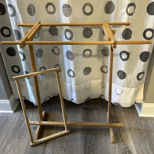 Vtg Needlepoint Scroll Frame Stand Wooden 31”H x29.5”Wx15”D, Frame 21”x12”, EUC - Picture 1 of 10