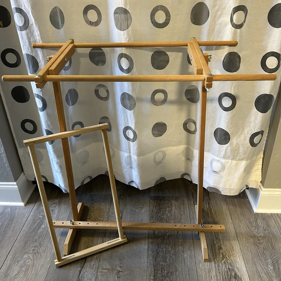 Vtg Needlepoint Scroll Frame Stand Wooden 31”H x29.5”Wx15”D, Frame 21”x12”, EUC - Image 1 of 4