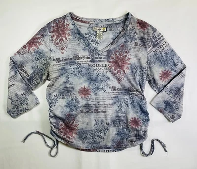 Caribbean Joe Blouse Womens L Blue Mid Length Sleeve Paisley Floral Text Design - Image 1 of 4