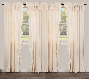 VHC Brands Panel Creme Muslin Ruffled Unbleached Natural Kitchen Window Curtains - Picture 1 of 6