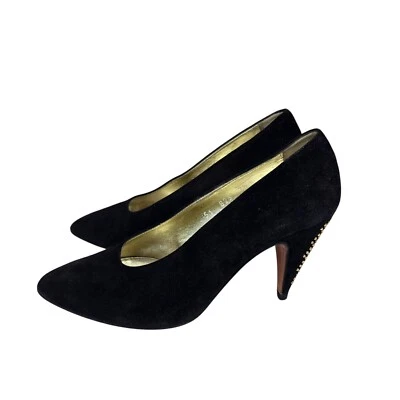 Sapatos femininos vintage anos 90 Escada preto camurça cravejado salto tamanho 7.5 - Imagem 1 de 4