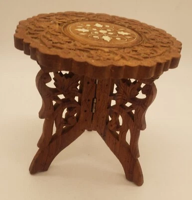 Suporte de mesa vintage esculpido à mão para planta de teca indiana design de concha embutida 6,5" - Imagem 1 de 4