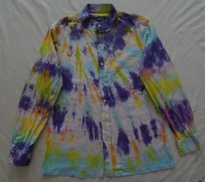 Banded Collar Tie Dye Purple Rainbow Long Sleeve Button Up Shirt - Small Mens - Picture 1 of 6