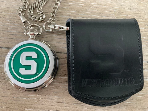 Danbury Mint Michigan State Spartans Pocket Watch w/ Chain & Leather Belt Pouch Cover