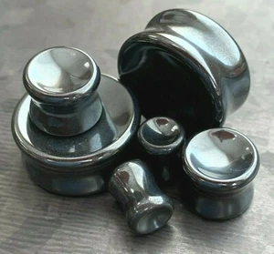 PAIR Concave Hematite Natural Stone Double Flare Plugs Organic Gauges - Picture 1 of 5