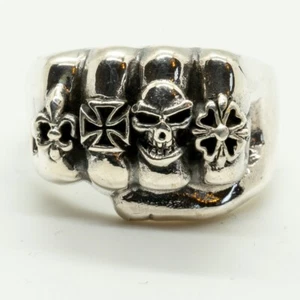 Anello Pugno .925 Argento Teschio Croce di Ferro, Schwartz, Fleur De Lys Biker Gotico - Foto 1 di 3