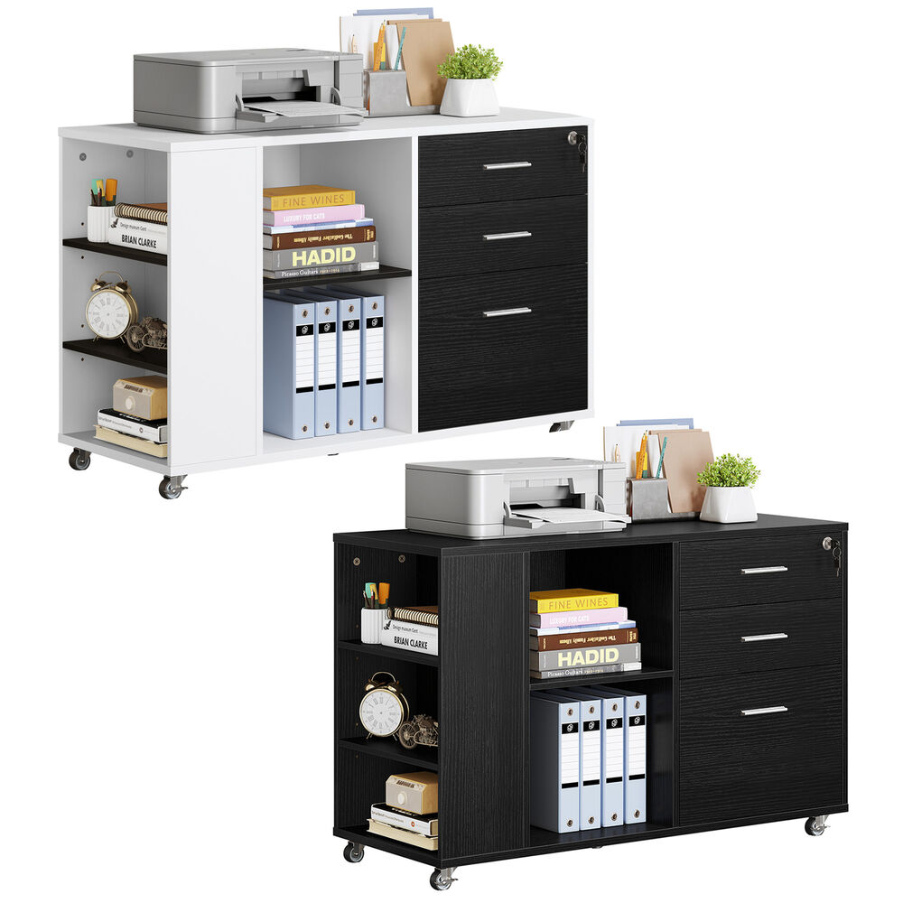 3-Drawer File Cabinet Mobile Lateral Printer Stand with Open Storage Shelves