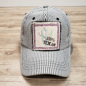 Pinky Bolle Hickory Stripe Hat Cap Womens Strap Back Cactus Patch 100% Texan - Picture 1 of 7
