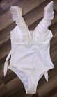White Bridal Honeymoon One Piece Swim Suit Pearl Laced V-neck Womens Size Small 