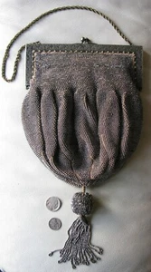 Antique Tan Crochet Silver French Steel Micro Bead Tassel Satin Lined Purse - Picture 1 of 12