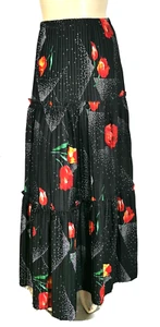 Maxi Falda Vintage Años 70 Mod Hippy Boho Roja Floral sobre Negro Abanico Plisado - Imagen 1 de 4