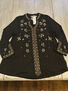 Tunica Festa Dintorni Morbidi Nuova con etichette Nera Oro Perline Floreale Taglia Large Petite - Foto 1 di 11