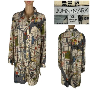John Mark Womens XL Blouse New York Attractions Button Front Tunic Long EUC - Picture 1 of 10