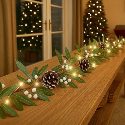 GARDEN MILE Christmas Artificial LED Garland Decoration 150cm Sage Mistletoe Light Up Xmas