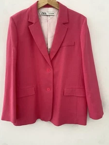 ZARA Pink Fuchsia 2 Button Single Breasted Oversized Blazer Jacket Size L - Picture 1 of 11