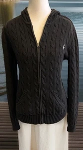 VTG Ralph Lauren Sport Cable Knit Sweater Zip Up Preppy Black Women’s L Y2K Pony - Picture 1 of 14