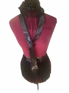 3 Pc Outfit Beaded Hat /Tie &Fringe Med - Large Sequins Skirt Black X - Picture 1 of 4