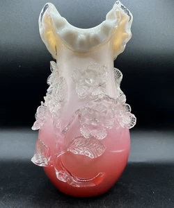 Stevens & Williams-Matsu-No-Ke /Opaline Peachblow Glass Vase/Applied Flowers - Picture 1 of 15