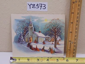 VINTAGE CHRISTMAS CARD MID CENTURY OLD-CHURCH W/STEEPLE-BELL DRESS PEOPLE-SNOW - Picture 1 of 4