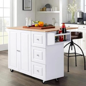 Drop-Leaf Kitchen Island Trolley Cart Wood Storage Cabinet w/ Drawers/Towel Rack - Picture 1 of 8
